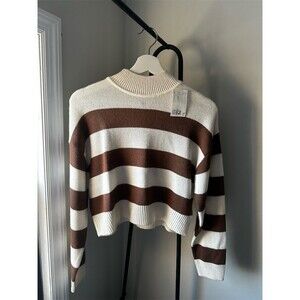 H&M Divided Sweater Womens XS Brown & Cream Striped Mock Neck Cropped